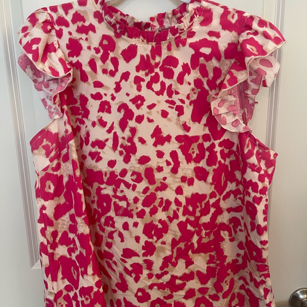 Pink and Cream Leopard Print Ruffle Sleeve Blouse